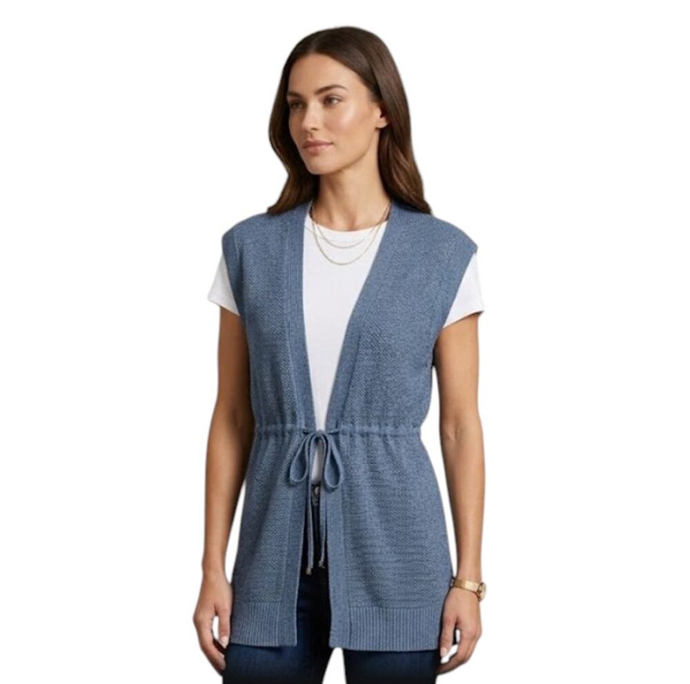 Lafayette 148 New York Cardigan Vest Women's M Gray Open Front Drawstring Waist